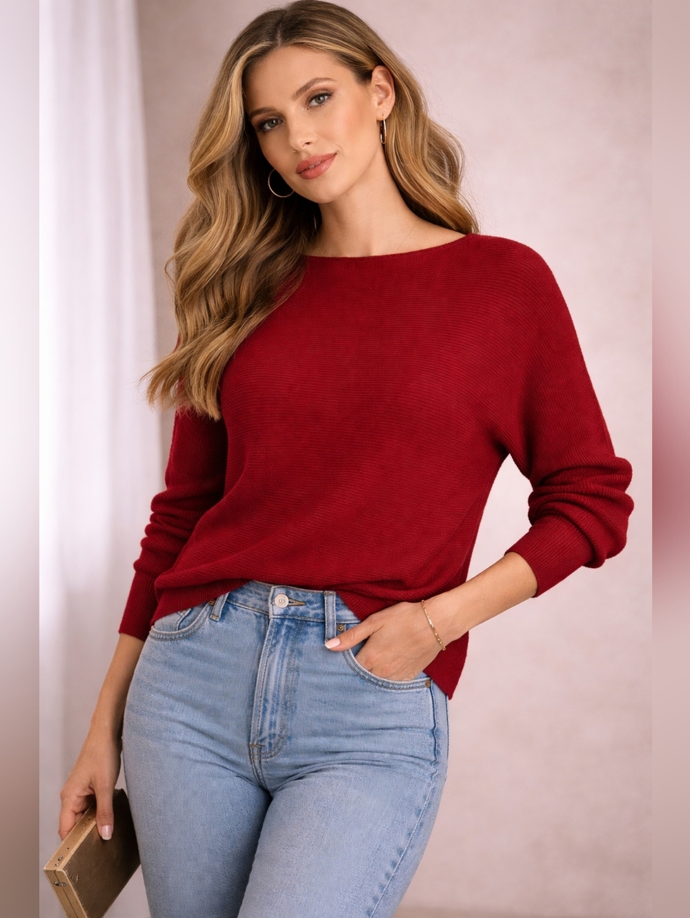 Mango Women's Ribbed Crew Neck Sweater in Deep Red